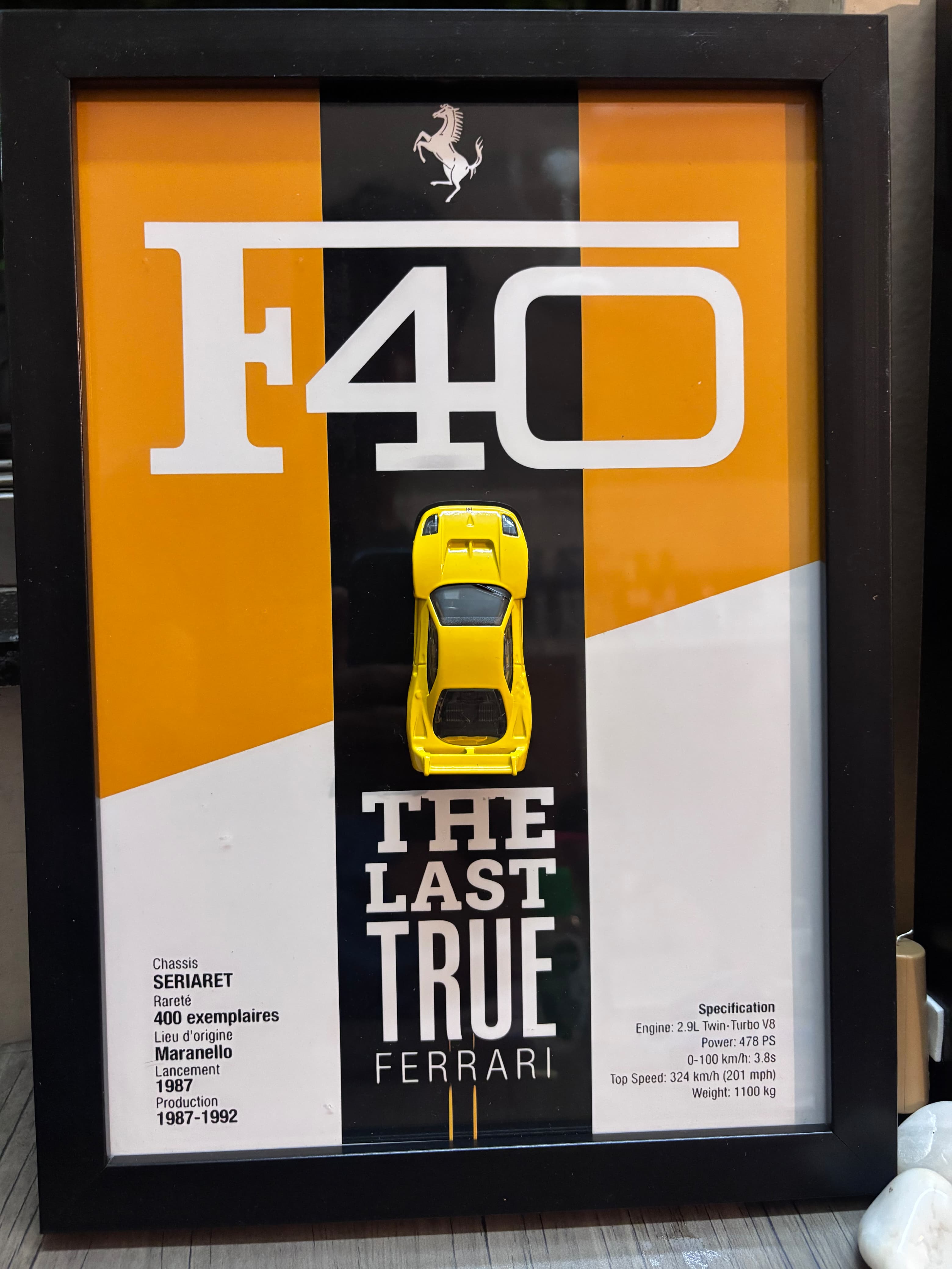Hot Wheels Ferrari F40 The Last True Ferrari framed display model in yellow