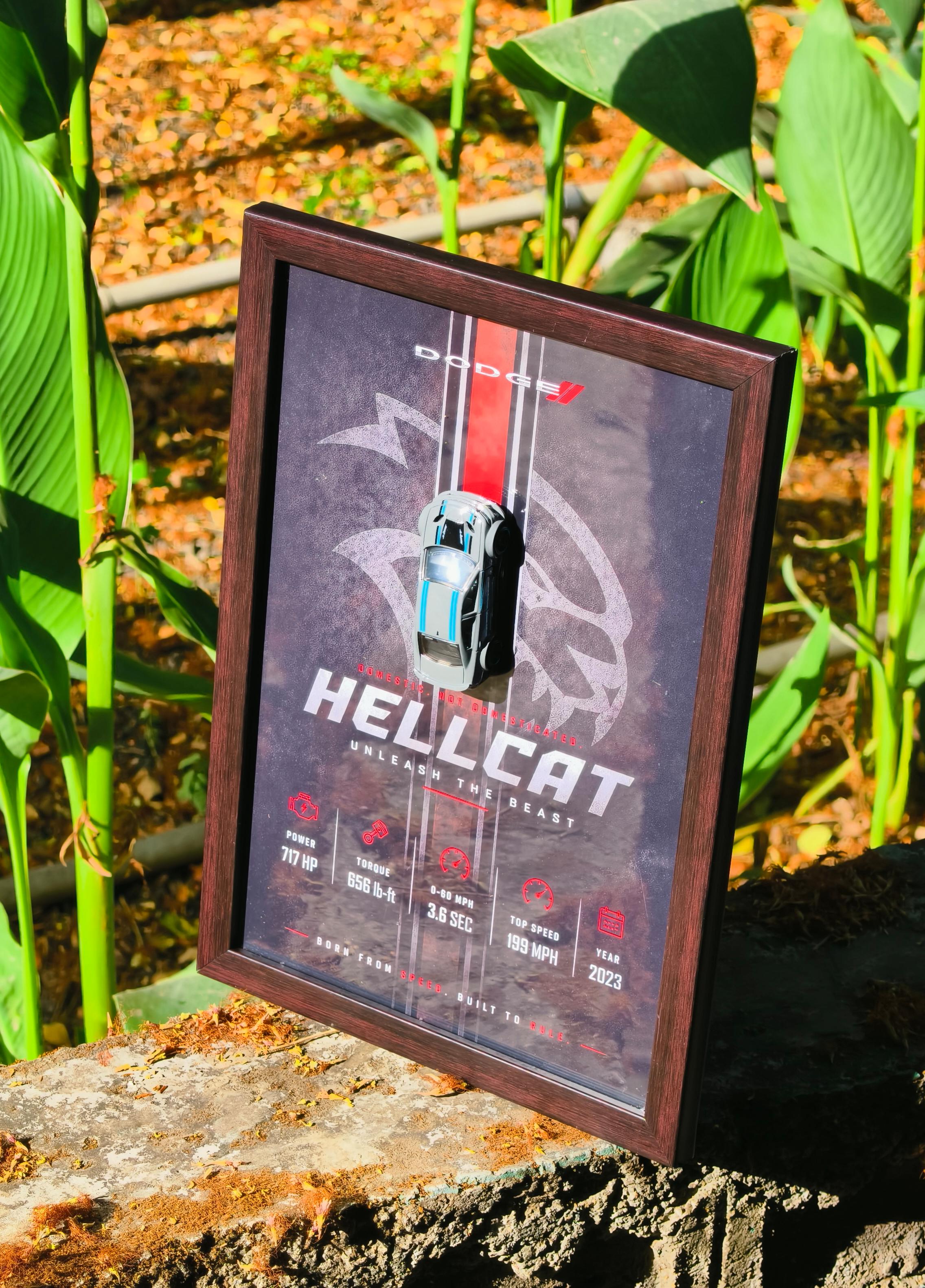Dodge Challenger Hellcat Unleash the Beast die-cast shadow box display 2023 with dark wood frame and Hellcat logo backdrop