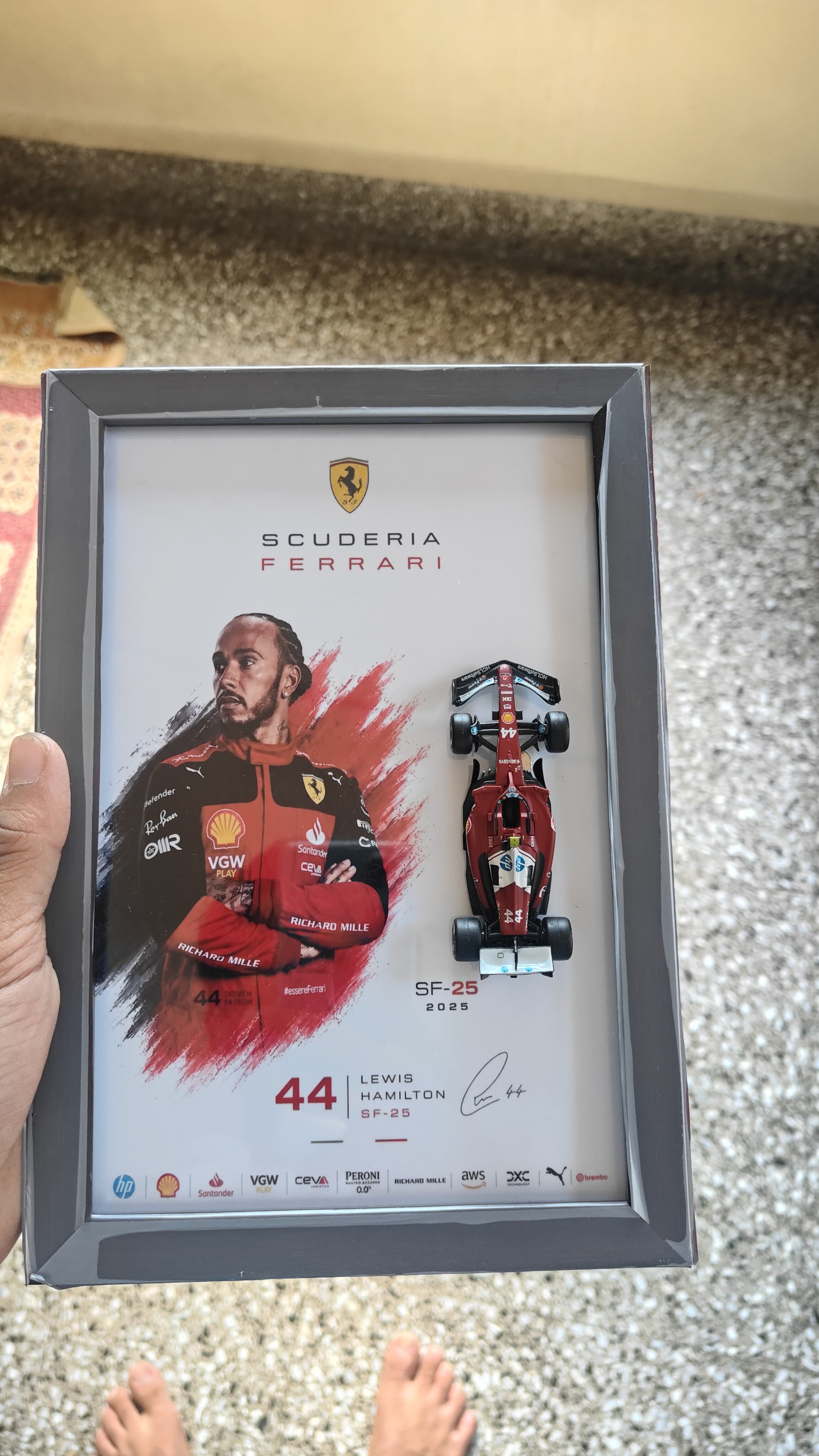 Bburago Scuderia Ferrari Lewis Hamilton #44 SF-25 2025 framed poster with driver portrait and die-cast model